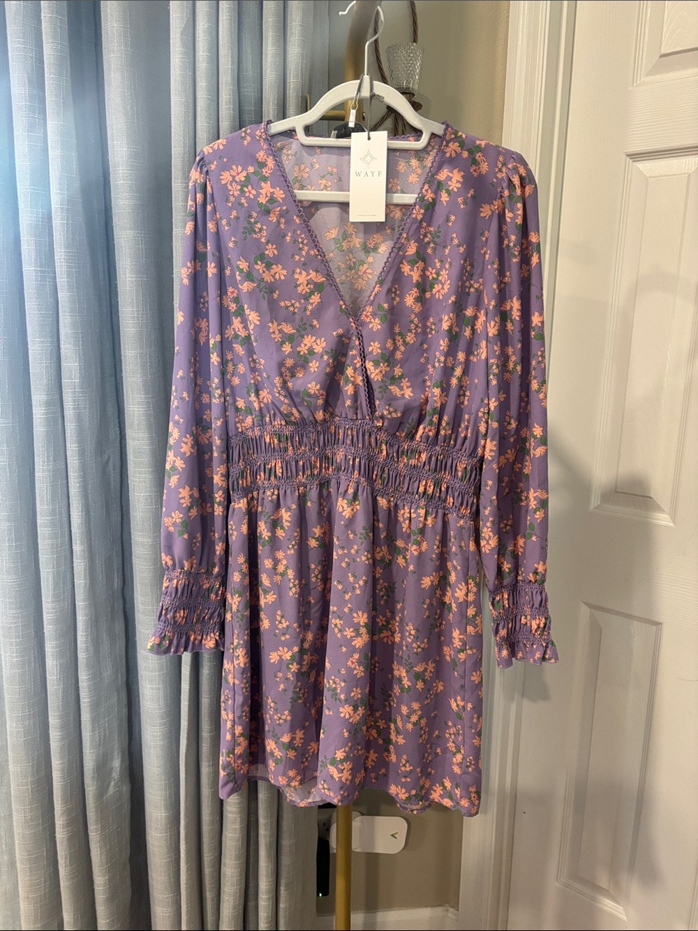NEW WITH TAGS Wayf Purple Floral Smocked Waist Mini Dress